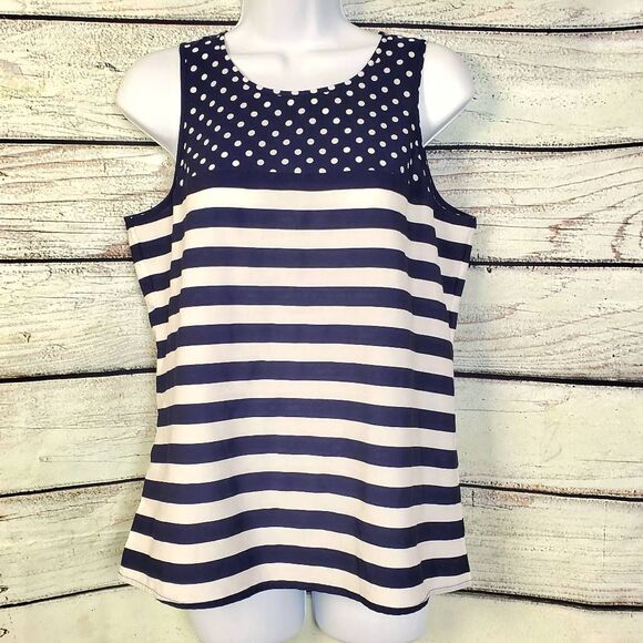 LOFT Women’s Sleeveless Mixed Print Tank Top Size S Navy Blue Polka Dot Stripe B - Picture 1 of 8